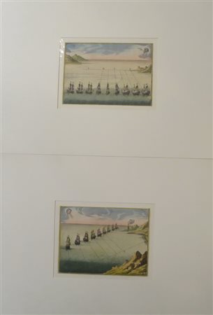 STAMPE, Coppia di stampe colorate Lione evoluzioni navali cm 13.4 x 18.7