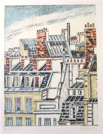 ORFEO TAMBURI, Orfeo Tamburi litografia prova d'autore raff. "tetti" - cm 45...