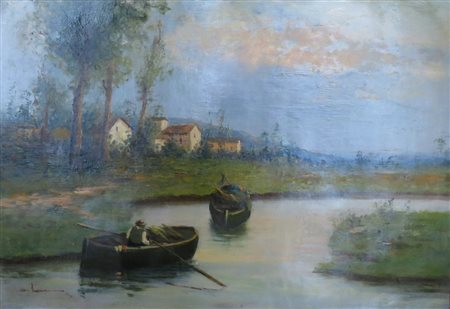 DIPINTO, Dipinto olio su tavola raff. "Veduta fluviale con barche e case" -...