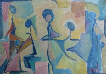 DIPINTO, Aprea olio su tavola raff. "Figure stilizzate" - cm 25 x 35 -...