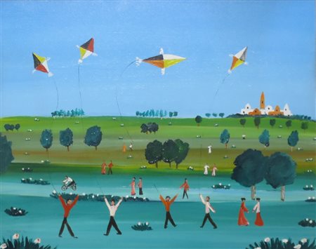 GABRIELLA VALERIO, Gabriella Valerio olio su tela raff. "Giochi di bimbi" -...