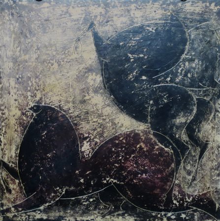 AFFRESCO, Affresco inciso su tela raff. "Figure zoomorfe" - cm 50 x 50 -...