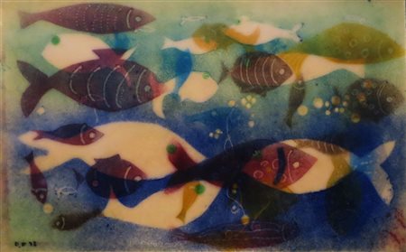 LASTRA, Smalto su lastra raff. "Pesci" - cm 17.5 x 28 - monogrammato e datato...