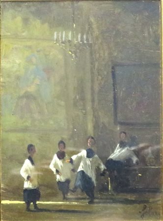 DIPINTO, Dipinto olio su tavola raff. "Chirichetti danzanti" - cm 10.5 x 14.5...