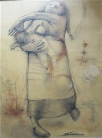 DIPINTO, Dipinto pastello su carta raff. "Maternitï¿½ dolorosa" - cm 97 x 73...