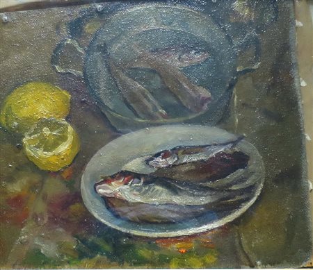 DIPINTO, Dipinto olio su cartone telato raff. "Natura morta di pesci" - cm 40...