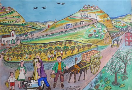 GIUSEPPE GALLIANO, Giuseppe Galliano tempera su carta raff. "Carretto...