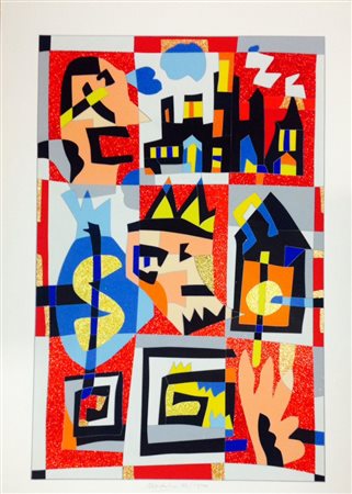 UGO NESPOLO, Ugo Nespolo "Fantasia in rosso" serigrafia polimaterica firmata...