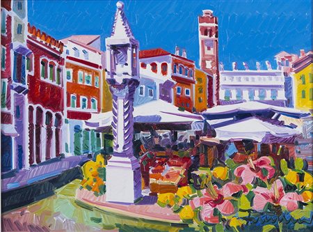 ATHOS FACCINCANI, Athos Faccincani olio su tela "Deliziosa piazza erbe" - cm...