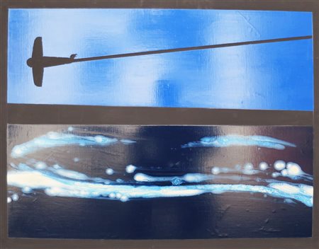 FRANCO ANGELI, Dipinto olio su tela "battaglia aerea con turbolenza" cm 70 x 90
