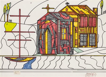 MARCO CAMPINIParrocchia sul canale, 1973Tecnica mista su cartacm 47x65Firma,...