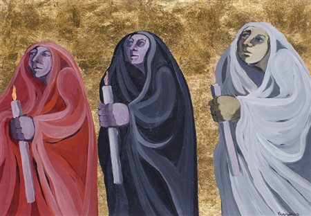 SAVERIO TERRUSO (1939-2003)OrantiOlio e foglia oro su tavolacm 50x70Firma al...