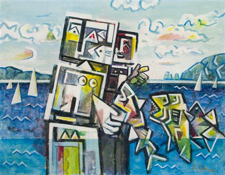 IBRAHIM KODRA (1918-2006)La rivolta dei pesci, 1991Olio e tecnica mista su...