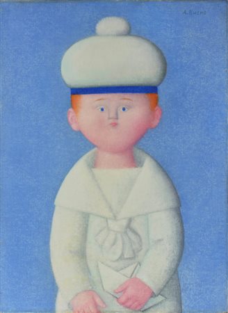 Antonio Bueno MARINARETTO CON BARCHETTA FONDO CELESTE olio su faesite, cm...