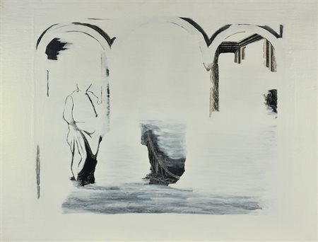 Emilio Isgrò TEMPIO SENZA OMBRE tecnica mista su legno, cm 80x100 sul retro:...