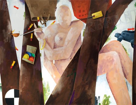 Emilio Tadini PROFUGO IN BOSCO acrilico su tela, cm 114x147 sul retro: firma...