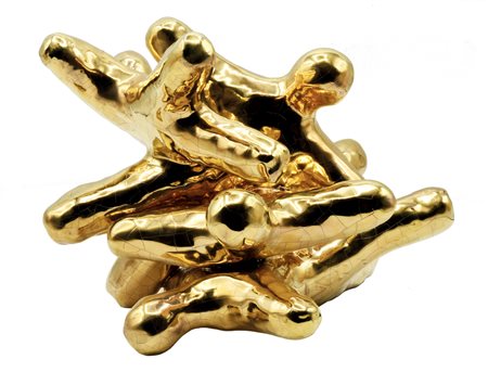 Alberto De Braud FINE DEL GIOCO maiolica oro, cm 29x24x22 siglato e datato...