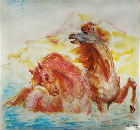 Aligi Sassu Milano 1912- "Cavalli al bagno" cm. 21x23 - multiplo su lastra...