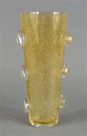 Barovier & Toso; vaso in vetro giallino di forma ovale con applicazioni di...