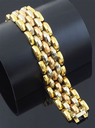 Bracciale carro armato in oro giallo, bianco e rosa, gr. 67,8, Punzone Fascio