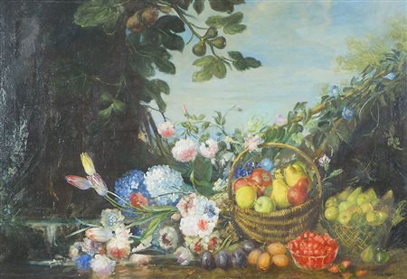 Maestro del XIX secolo "Natura morta nel paesaggio" cm. 70x100 - olio su tela