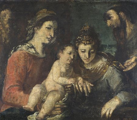 Maestro del XVII secolo "Madonna con bambino, Santa Caterina e 2 santi" cm....