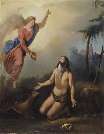 Maesto del XIX secolo "Santo con angelo" cm. 27x21 - olio su tela foderata