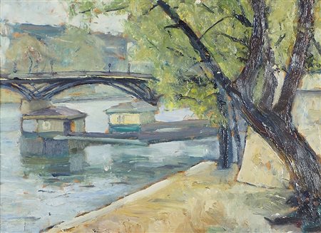 Enrico Fonda Fiume 1892-Parigi 1929 "Parigi, la Senna" cm. 20x30 - olio su...