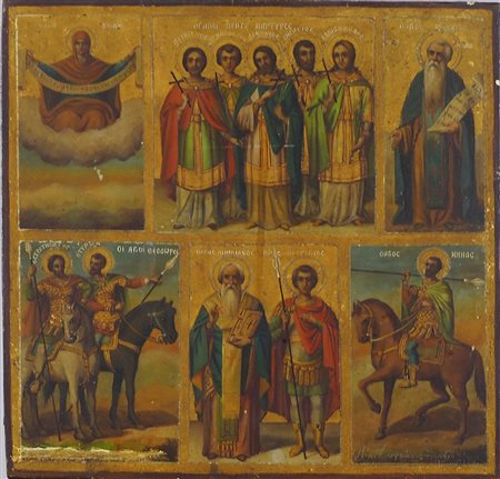 Icona dipinta raffigurante santi, cm. 29x30. (difetto).