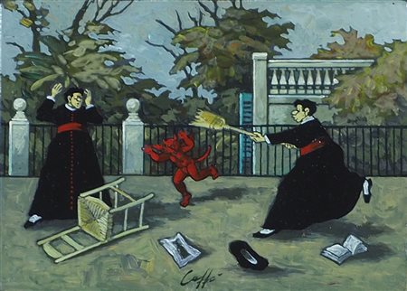 Nino Caffè 1909-Pesaro 1975 "Caccia al diavoletto" (1970) cm. 12x17 - olio su...
