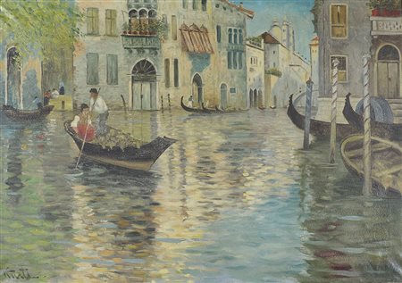 Pittore ungherese del '900 "Gondole in canale" cm. 70x100 - olio su tela...
