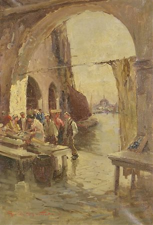 Guido Montanari 1933-2004 "Mercato del pesce" cm. 50x40 - olio su tela...