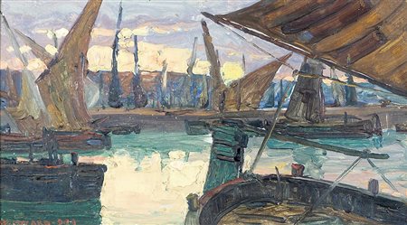 Walter Lazzaro 1914-1989 "Porticciolo con barche" cm. 20x36 - olio su...