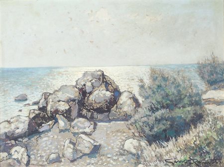Gino Romiti Livorno 1881-1967 "Scogli e mare" cm. 30x40 - tecnica mista su...