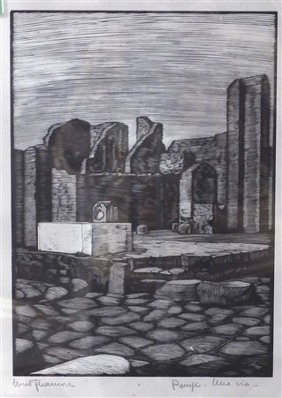 Nino Finamore 1899-1970 "Pompei, una via" cm. 44x32 - incisione Firmato b. a s.
