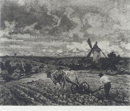 Lionello Balestrieri 1872-1958 "Lavoro nei campi" cm. 54x78 - incisione...