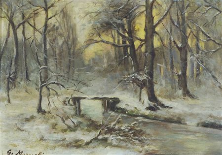 Giovanni Muzzioli 1854-1894 "Paesaggio con neve" cm. 25x35 - olio su tavola...