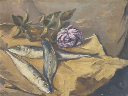 Emil Bernard 1868-1941 "Natura morta con pesci" cm. 42x57 - olio su cartone...