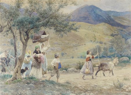 Cesare Tiratelli 1864-1933 "Ritorno a casa" cm. 55x75 - acquerello su carta...