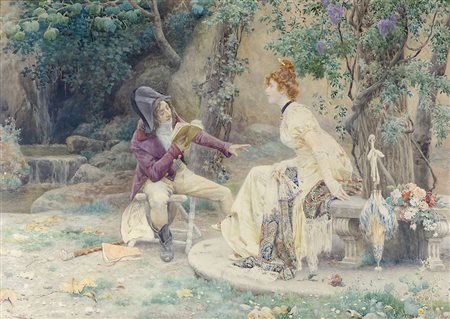 Cesare Tiratelli 1864-1933 "Galanteria nel bosco" cm. 55x75 - acquerello su...