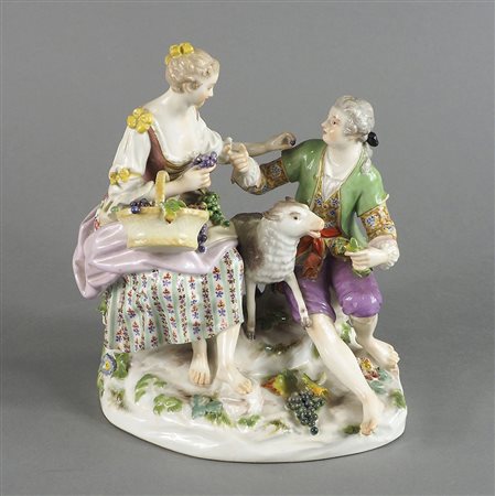 Meissen Spade: gruppo in porcellana policroma raffigurante contadini con...