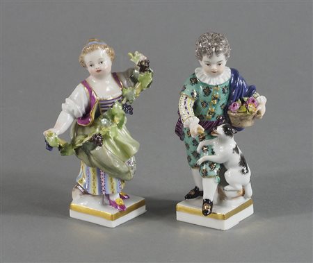 Meissen Spade: lotto di 2 statuine in porcellana policroma. Metà XIX secolo....