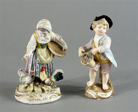 Meissen Spade: lotto di 2 statuine in porcellana policroma. Inizio e metà XIX...