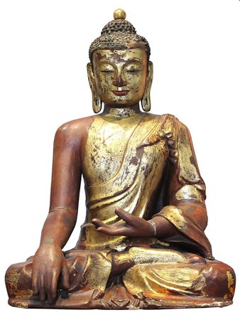 Scultura in legno e legno dorato raffigurante Buddha in meditazione. Fine...