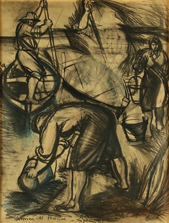 ZIGAINA GIUSEPPE (n. 1924) Uomini del Polesine. 1957. Tecnica mista su...