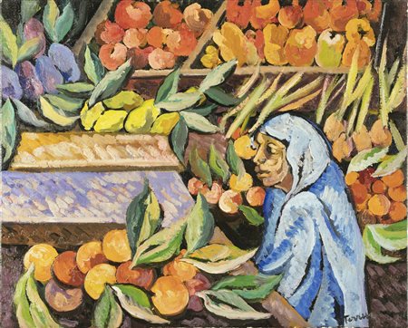 TERRUSO SAVERIO (1939 - 2003) Al mercato. Olio su tela . Cm 50,00 x 40,00....