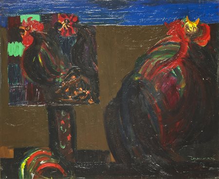 CASSINARI BRUNO (1912 - 1992) I galli. 1968. Olio su tela . Cm 60,00 x 50,00....