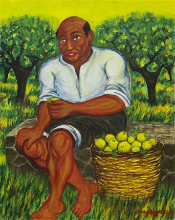 MIGNECO GIUSEPPE (1908 - 1997) Raccoglitore di limoni. 1979. Olio su tela ....