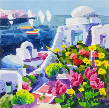 FACCINCANI ATHOS (n. 1951) Santorini e sole alto. Olio su tela . Cm 30,00 x...