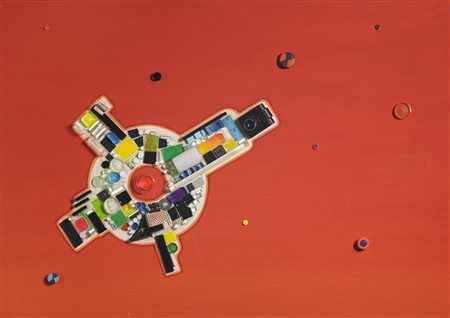 NUCARA RENZO (n. 1955) Lifeboat Red. 2013. Collage su tavola. Cm 86,00 x...